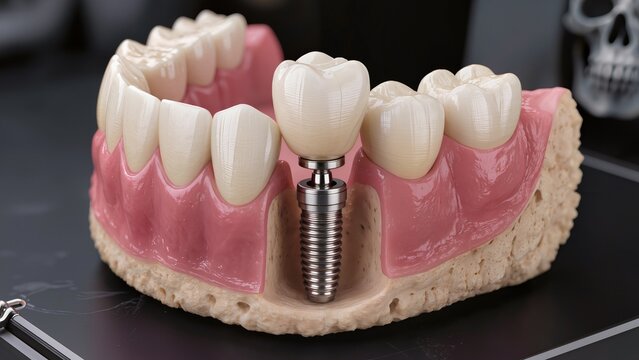 Dental implant model showing artificial tooth, gums, jawbone, and neighboring teeth in a close up educational display for oral healthcare