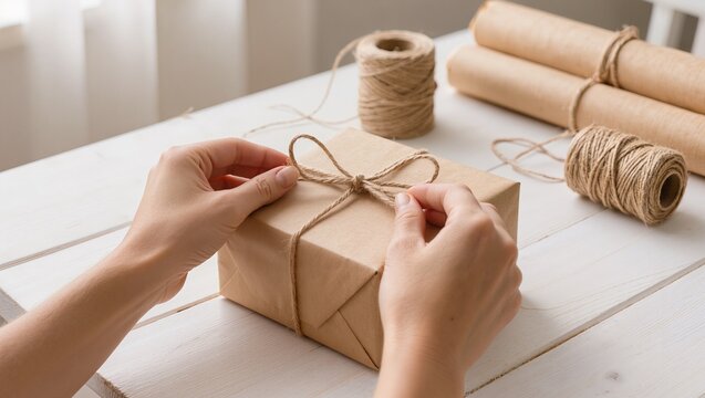 Hands tying natural twine around a kraft paper gift box on a white wooden table with rolls of cord and wrapping paper in a bright workspace