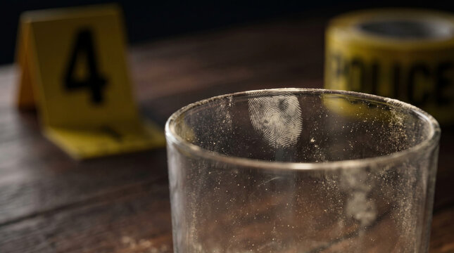 Macro forensic photography of a dusted drinking glass at a crime scene, showing tiny dust particles illuminated by dramatic side lighting with blurred markers.