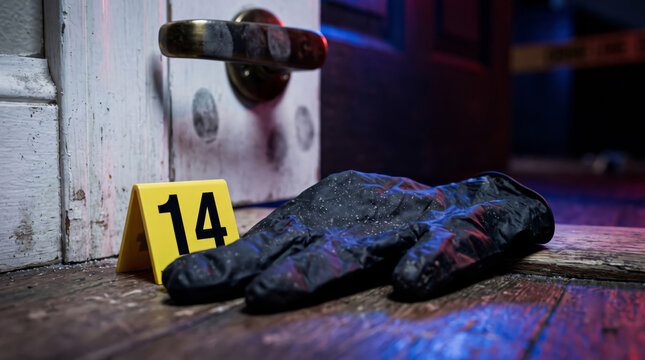Extreme close-up of a crumpled black disposable glove abandoned on a wooden surface during a crime investigation, accompanied by a numbered evidence marker.