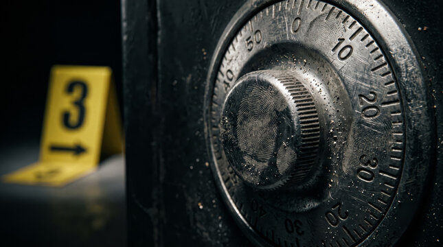 Extreme macro close-up of a heavy steel safe combination dial at a burglary crime scene, showing fine scratches, metallic particles, and dramatic lighting.