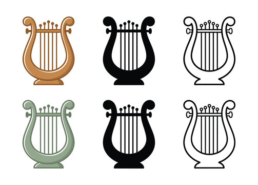 Musical Lyre Instruments in various styles including color silhouette and outline vector illustration