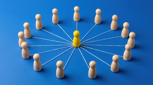 Yellow figurine centered in circle connecting to wooden people in radius to demonstrate centralized influence and leadership.