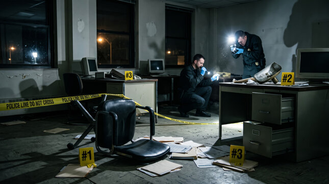 Modern apartment under forensic investigation, laptop left open, overturned bookshelf, scattered photographs, and numbered evidence markers.