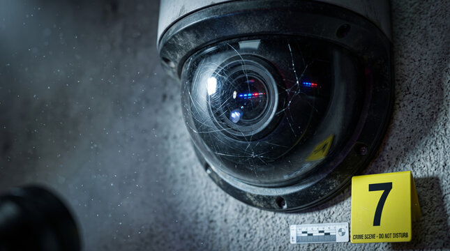 Extreme close-up of a damaged security camera, fine scratches across the glass, tiny reflection of police lights, and an evidence marker.