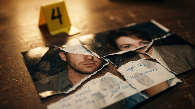 Extreme close-up of a torn photograph lying on a crime scene table, showing fragments of faces and handwritten notes alongside a numbered evidence marker under moody tungsten lighting.