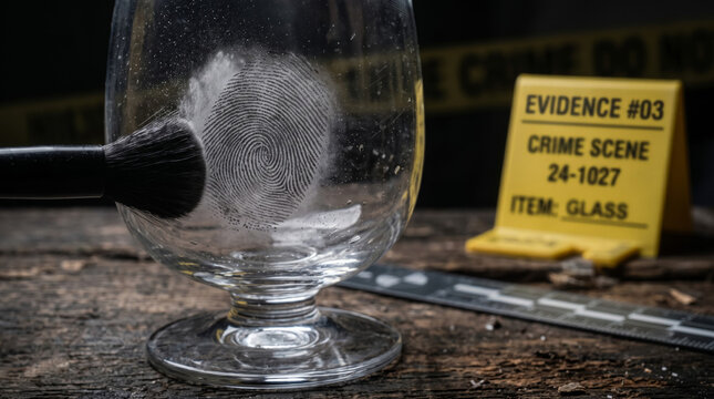 Extreme macro close-up of a transparent drinking glass at a crime scene, showing a partially visible fingerprint highlighted with forensic powder and an evidence marker softly blurred behind.
