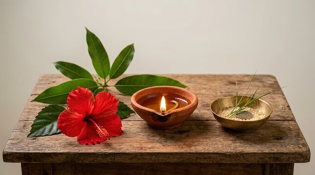 Happy Kali Puja festival background vector illustration with glowing clay diya hibiscus leaves rice