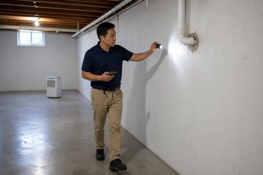 Mold Remediation Inspection - Inspector Surveying Apartment Basement Leak Area