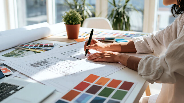 Creative Design Process: A designer meticulously works on a blueprint, surrounded by color swatches and mood boards, symbolizing the intricate journey of creative ideation and execution.