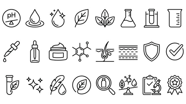 Skincare product, natural organic ingredients, and cosmetology line vector icons.
