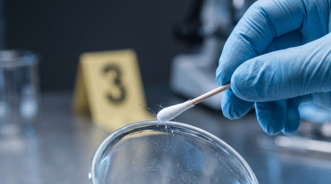 Extreme macro close-up of an investigator's gloved hand using a sterile cotton swab to collect trace evidence, bright forensic lighting.