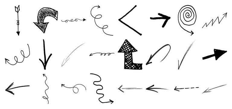 Set of hand drawn arrows and doodle symbols for design elements in a collection of artistic sketch style black ink markers on paper isolated on transparent background