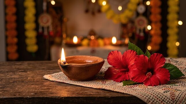 Happy Kali Puja festival background vector illustration with glowing clay diya red hibiscus copy space