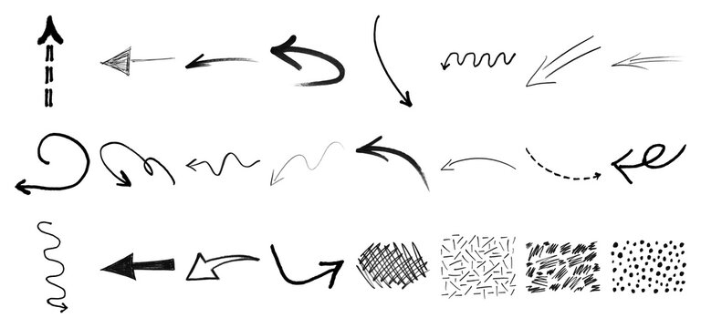 Set of hand drawn arrows and doodle marks for design elements and bullet points isolated on transparent background