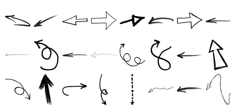 Collection of various hand drawn arrows and sketch style pointer signs for design and navigation elements isolated on transparent background