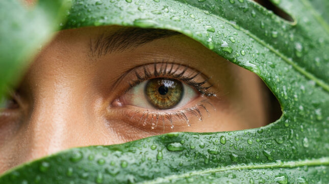 Close up shot of human eye looking through wet tropical green monstera leaf covered in rain drops representing nature beauty.