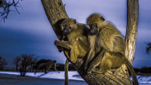 A group of monkeys sleep on tree at night, Hwange National Park, Zimbabwe