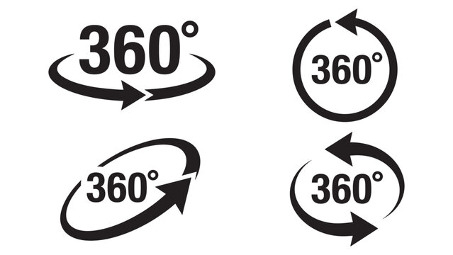 Set of black vector graphic 360 degree rotation arrows and spherical panoramic view symbols rendered in clean minimalist style isolated on transparent background