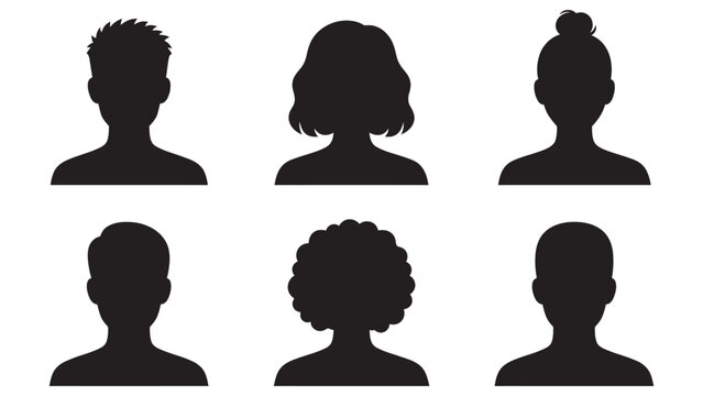 Multiple user avatars vector graphic illustration featuring black silhouette portraits with diverse hairstyles on transparent background