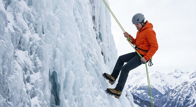 Ice climber rappelling down cliff