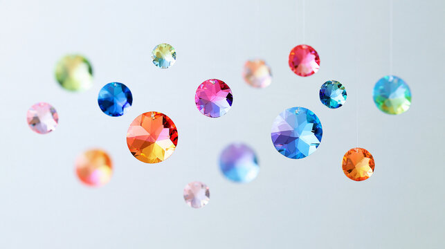 Floating rainbow crystals in space with seventeen small, medium and large shimmering clusters