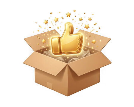 Golden thumbs up icon inside an open cardboard box isolated on transparent background