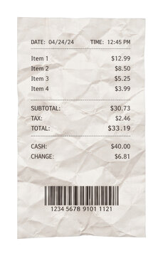 PNG Crumpled paper receipt with barcode and itemized list.