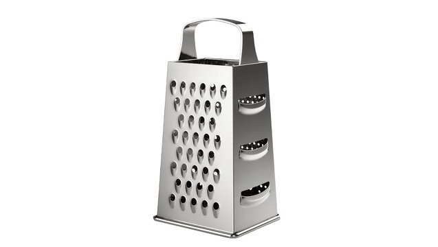 Shiny metal four-sided box grater with handle, isolated on transparent background