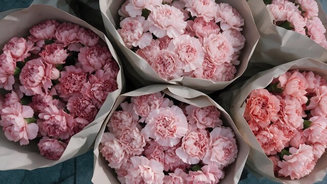 Abundant pink carnation bouquets wrapped in kraft paper at a flower market, ideal for floral advertising, florist promotions, spring campaigns and editorial designs.