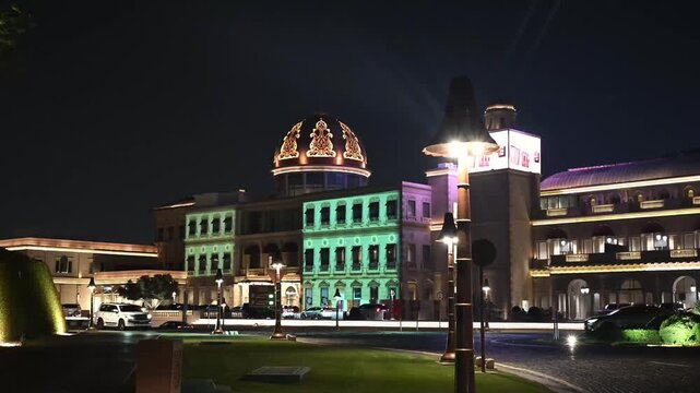 Doha, Qatar - September 25, 2025: Night view of Katara Plaza Galeries Lafayette in Katara Cultural Village Doha, Qatar.