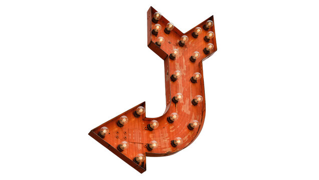 Retro marquee arrow sign with illuminated bulbs, isolated on transparent background