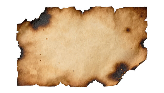 Torn and burnt parchment paper with charred edges, isolated on transparent background