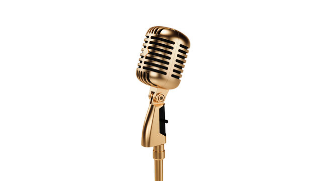 Vintage gold microphone with adjustable stand, isolated on transparent background