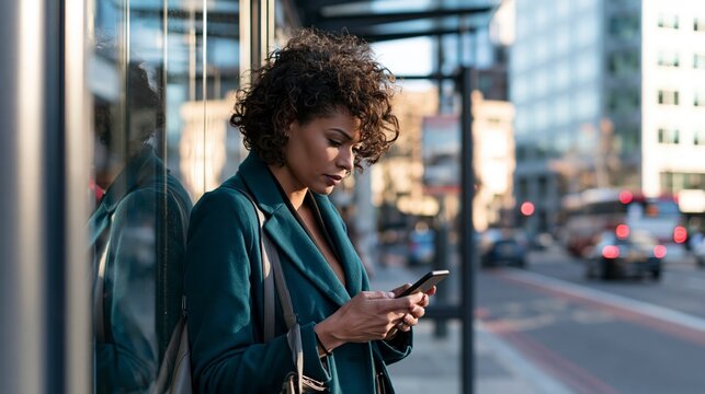 Professional woman checking smartphone while waiting for transport