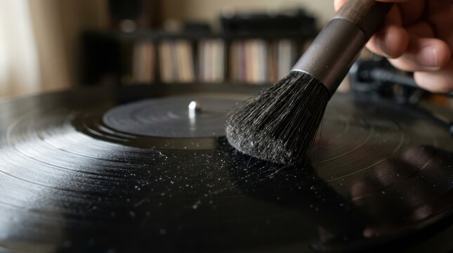 Vinyl record being cleaned with a brush to remove dust from grooves for optimal music playback