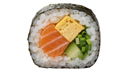 Fresh salmon and tamagoyaki sushi roll with cucumber and chives, isolated on transparent background © Viktor