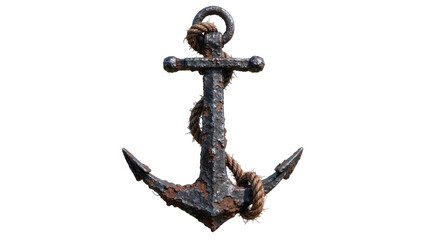 Rusty metal anchor with thick rope, isolated on transparent background © Viktor