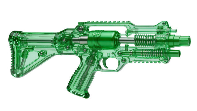 Transparent green plastic toy gun with metallic accents, isolated on transparent background