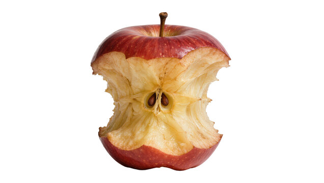 Red apple core with visible seeds and bite marks, isolated on transparent background