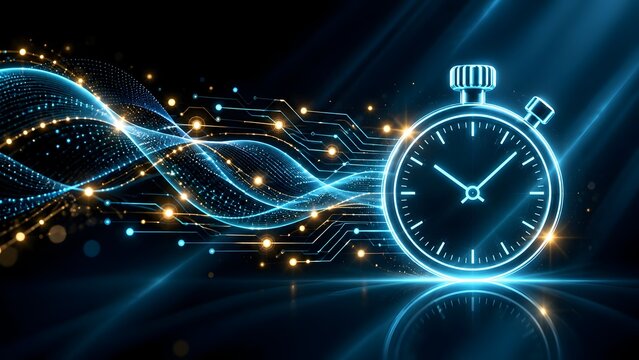 Illuminated analog timer merging with fluid digital data streams visualizing real time processing and high frequency connectivity
