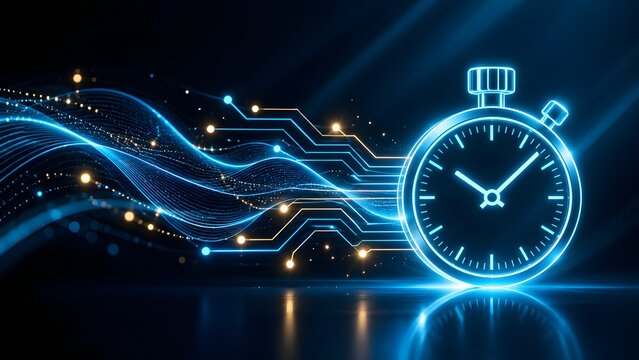 Illuminated analog timer merging with fluid digital data streams visualizing real time processing and high frequency connectivity