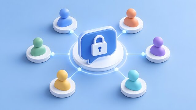 Isometric 3D rendering of secure social network with diverse avatars connected to a central padlock speech bubble icon.