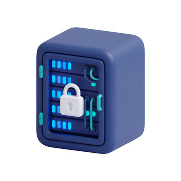 Dark blue server rack with white padlock and glowing status lights, secure data center and server protection concept, 3D render