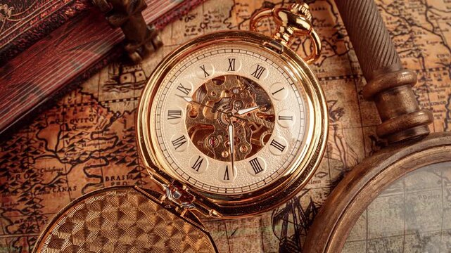 Vintage golden pocket watch ticking on ancient world map background with magnifying glass and antique book.