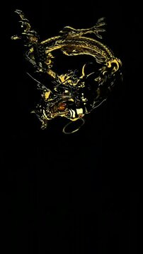 Shimmering metallic golden dragon coiled elegantly against pure black background, showcasing intricate scales and majestic traditional cultural symbol of power.