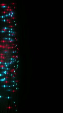 Two luminous glowing streams of deep red and bright cyan light flow parallel toward center, blending softly through misty atmospheric haze.