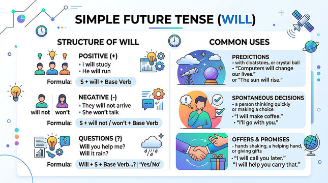 Simple future tense English grammar infographic, educational poster for learning will structure and common uses, language school study guide
