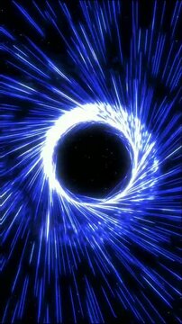Brilliant glowing blue ring surrounds dark cosmic sphere, with countless radiant light rays bursting outward in perfect symmetrical starburst pattern through deep space.