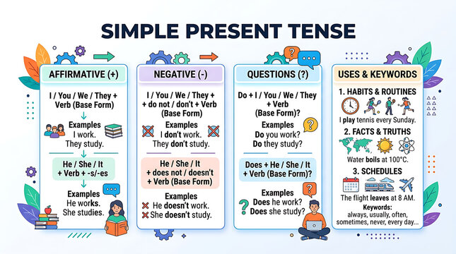 Educational English grammar chart illustrating simple present tense, english language learning infographic poster, ESL rules poster